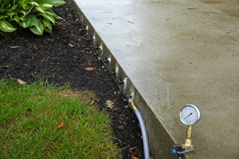 A line of small injection ports along the edge of a concrete slab beside a garden bed, a hose connected to one port and a pressure gauge in front — resin injection, Brisbane. Illustrative example.
