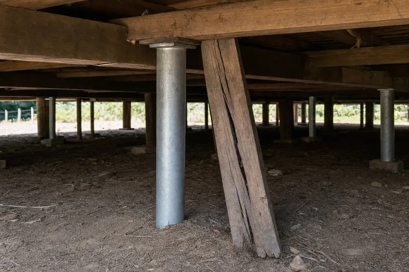 A new galvanised steel stump standing beside an old timber stump that has split and leans, under a raised timber floor — restumping, Brisbane. Illustrative example.