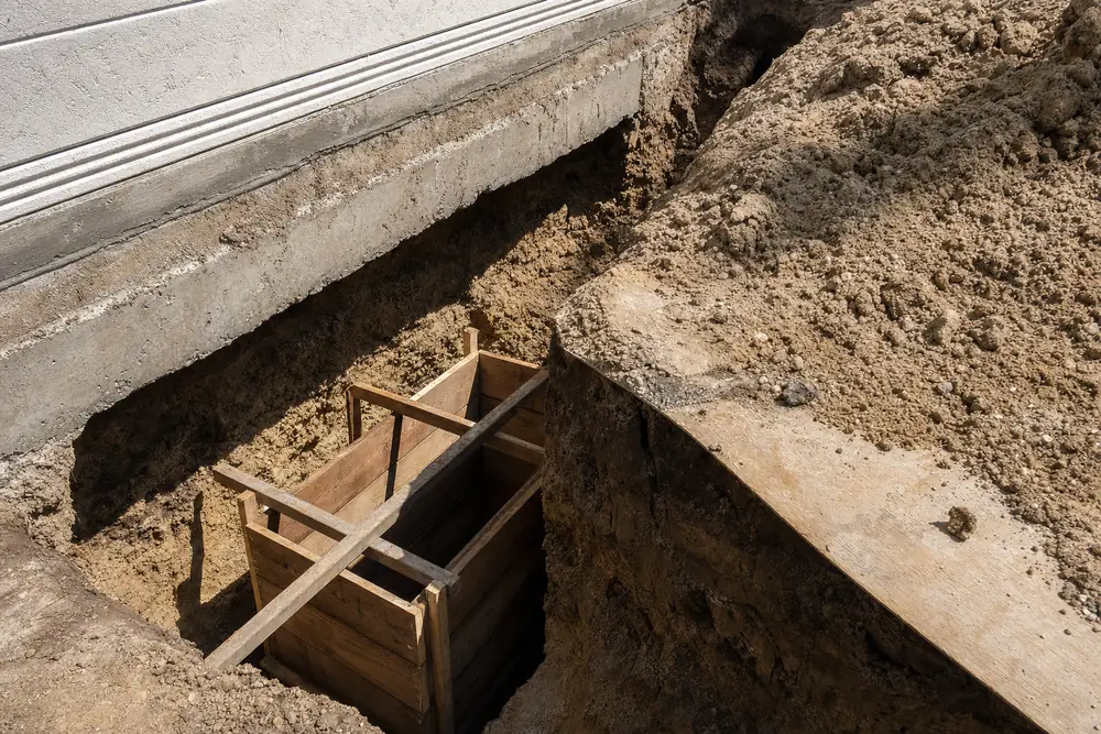 A narrow excavation beside the exposed underside of a house footing, with timber formwork set in a pit and spoil heaped on a plywood sheet — underpinning, Brisbane. Illustrative example.